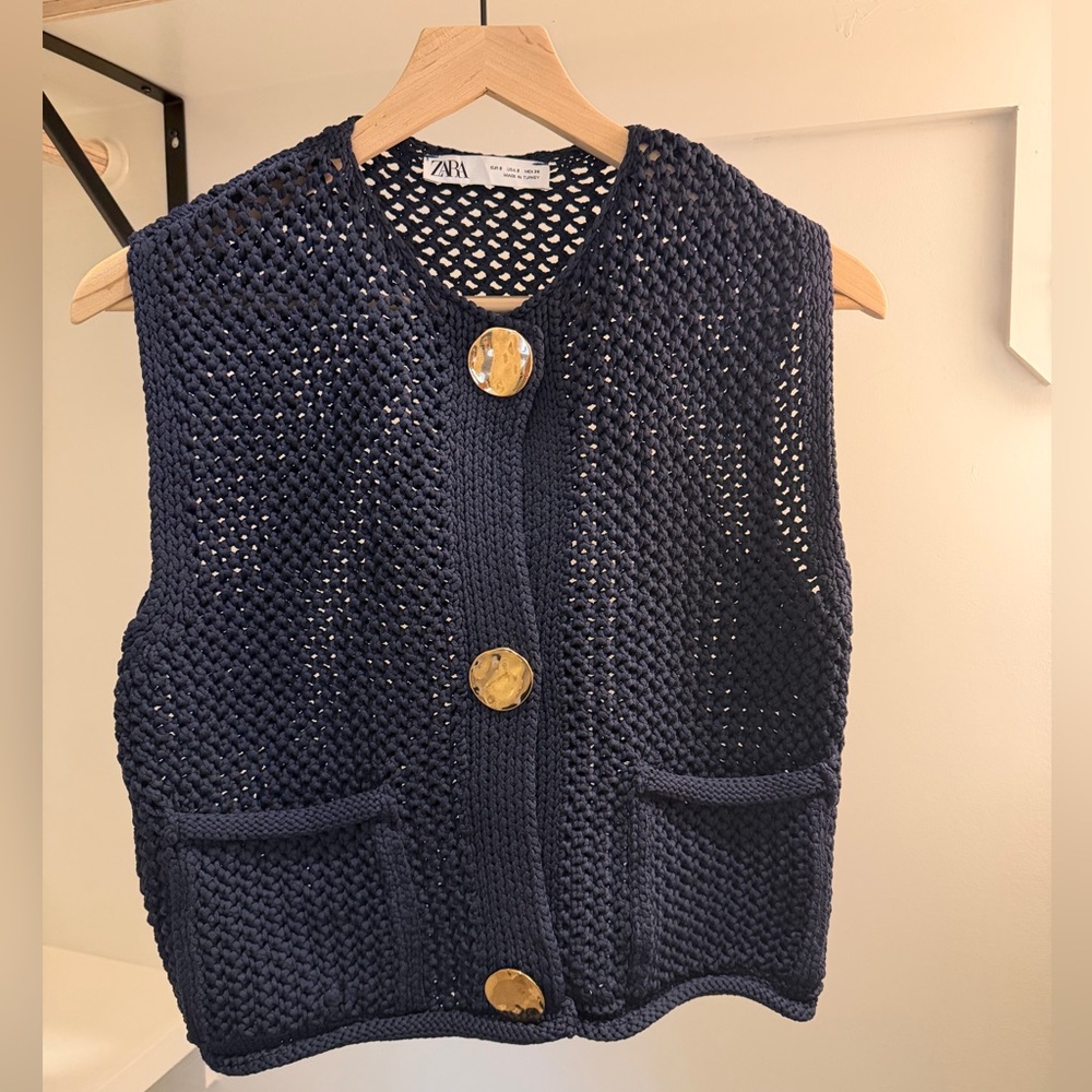 Zara Dark Blue Crochet Vest with Gold Accent Buttons